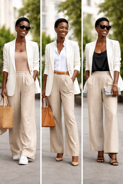 a model wearing same outfit styled in three ways