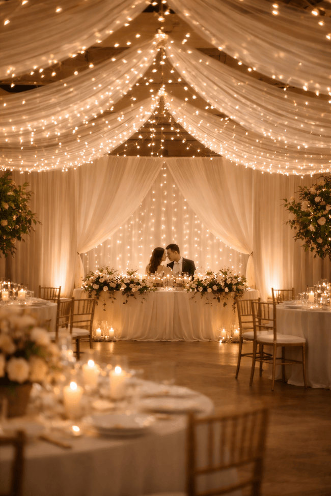 Indoor wedding reception decorated with warm fairy lights and ivory draping.