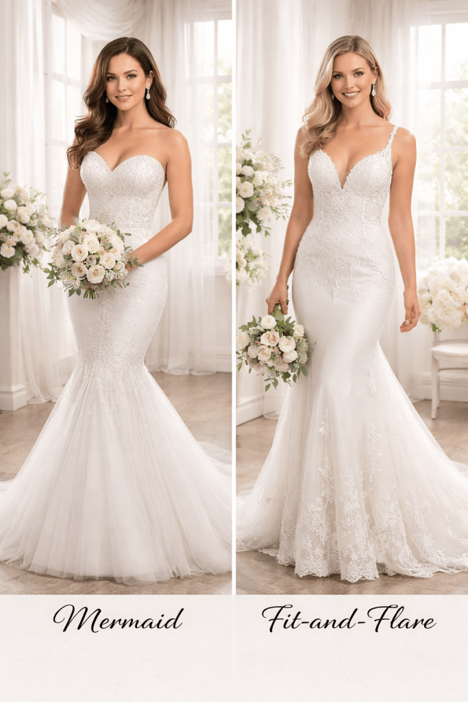 a bride on a Mermaid and Fit and flair wedding dress