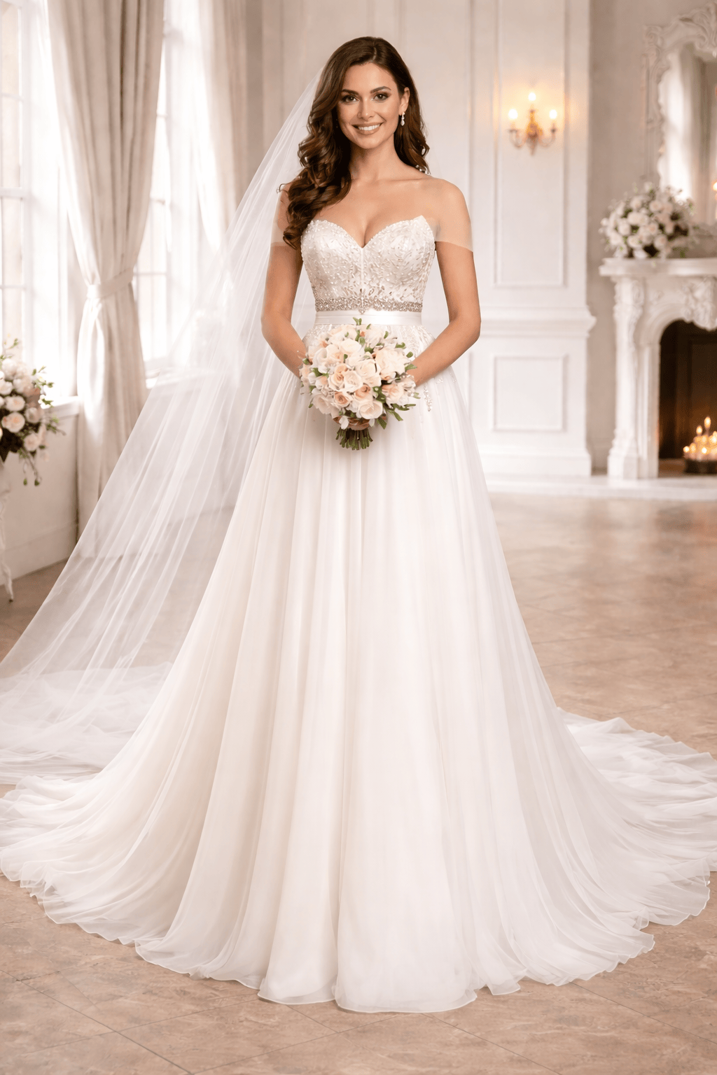a bride on a Empire Waist wedding Gown