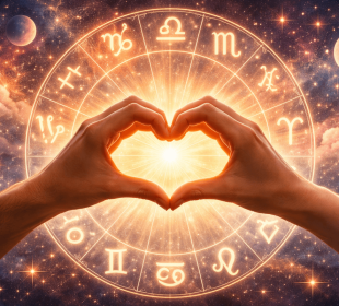 a zodiac sign in circle with hands doing the love sign