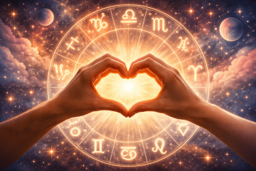 a zodiac sign in circle with hands doing the love sign