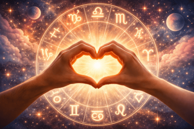 a zodiac sign in circle with hands doing the love sign
