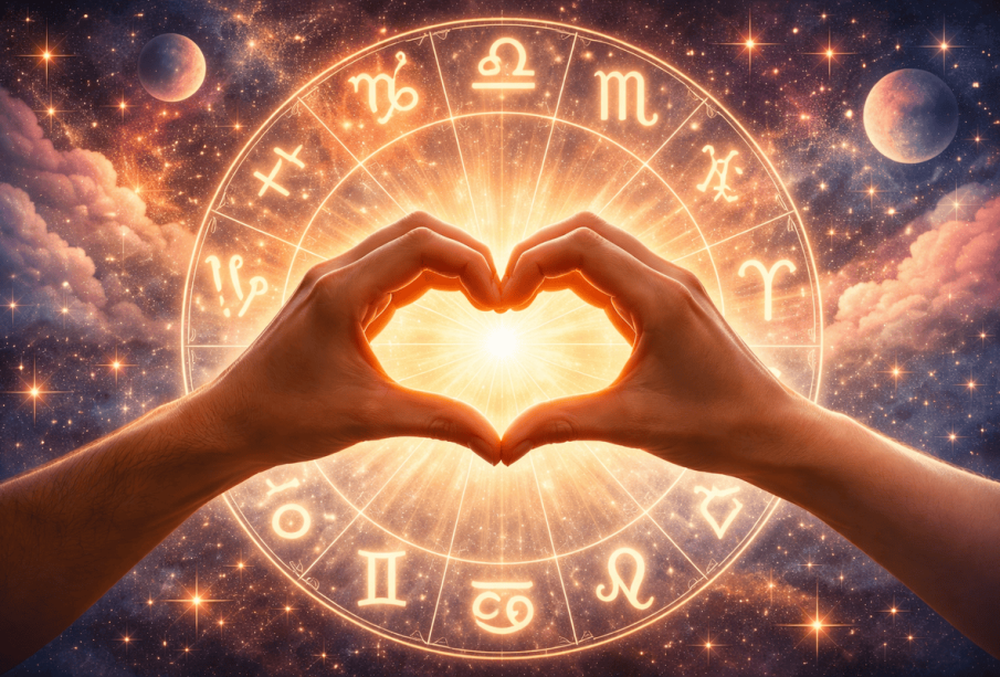 a zodiac sign in circle with hands doing the love sign