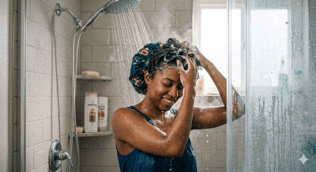 a lady washing her hair under the shower