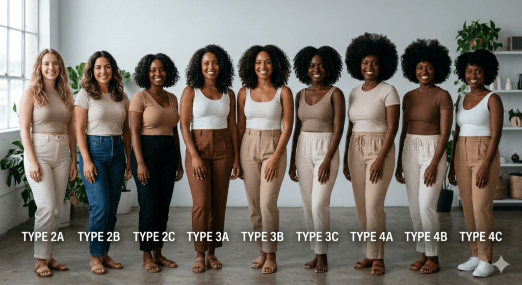 models with curly hair types 2, 3, and 4 with A, B, C subcategories.