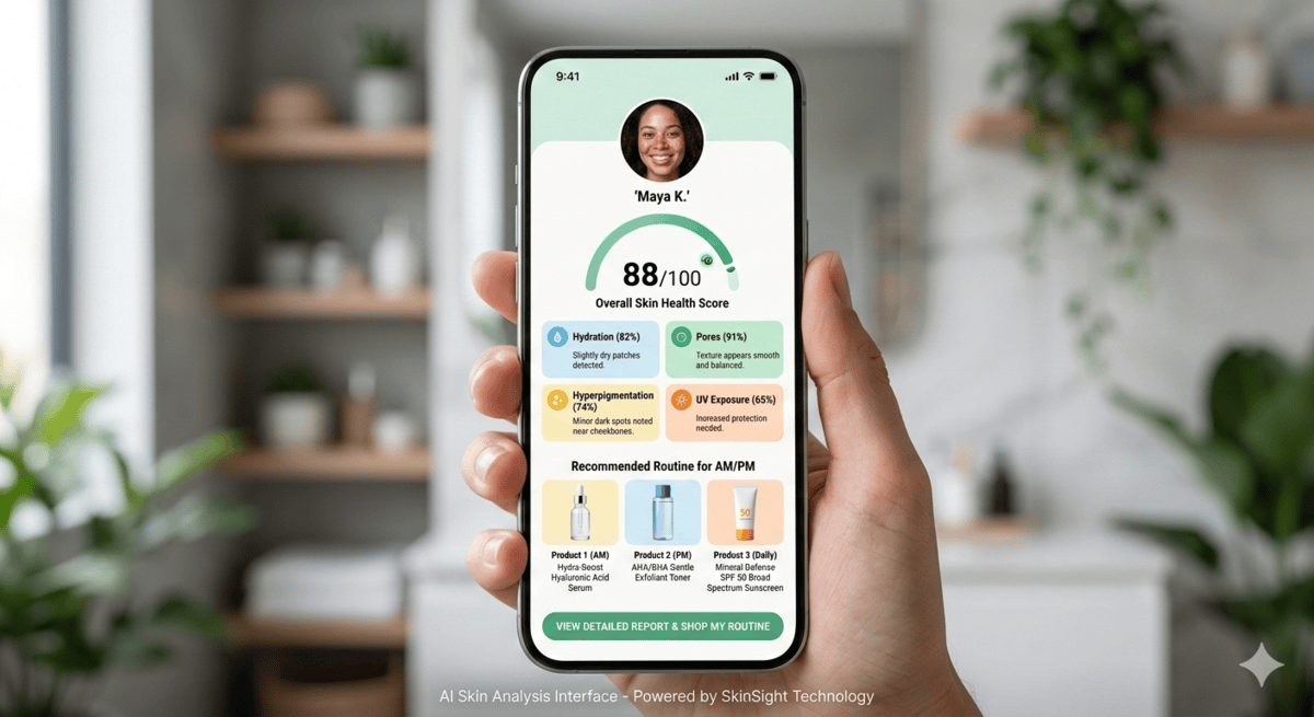 AI-powered skincare analysis tool showing personalized product recommendations on a smartphone screen