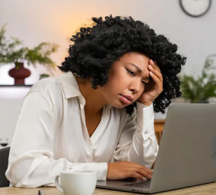 a lady staring at her laptop tired