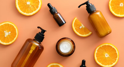 slices of citrus fruit and vitamin c serum