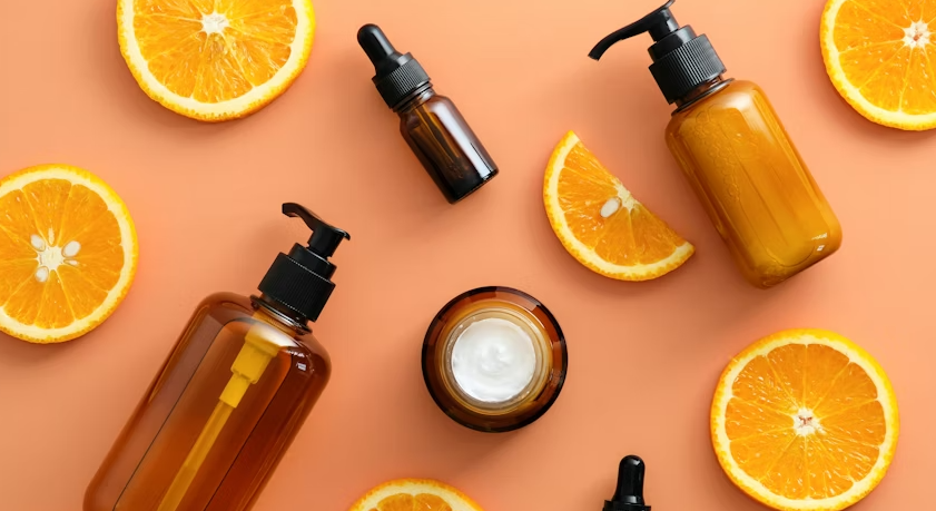 slices of citrus fruit and vitamin c serum