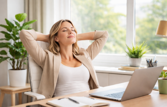 a woman comfortably wrking