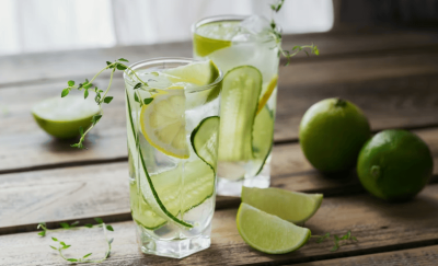 two glasses of cucumber and lemon water