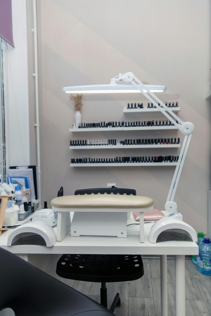 Aesthetic clinic setup featuring skincare products and consultation tools for non-surgical treatments