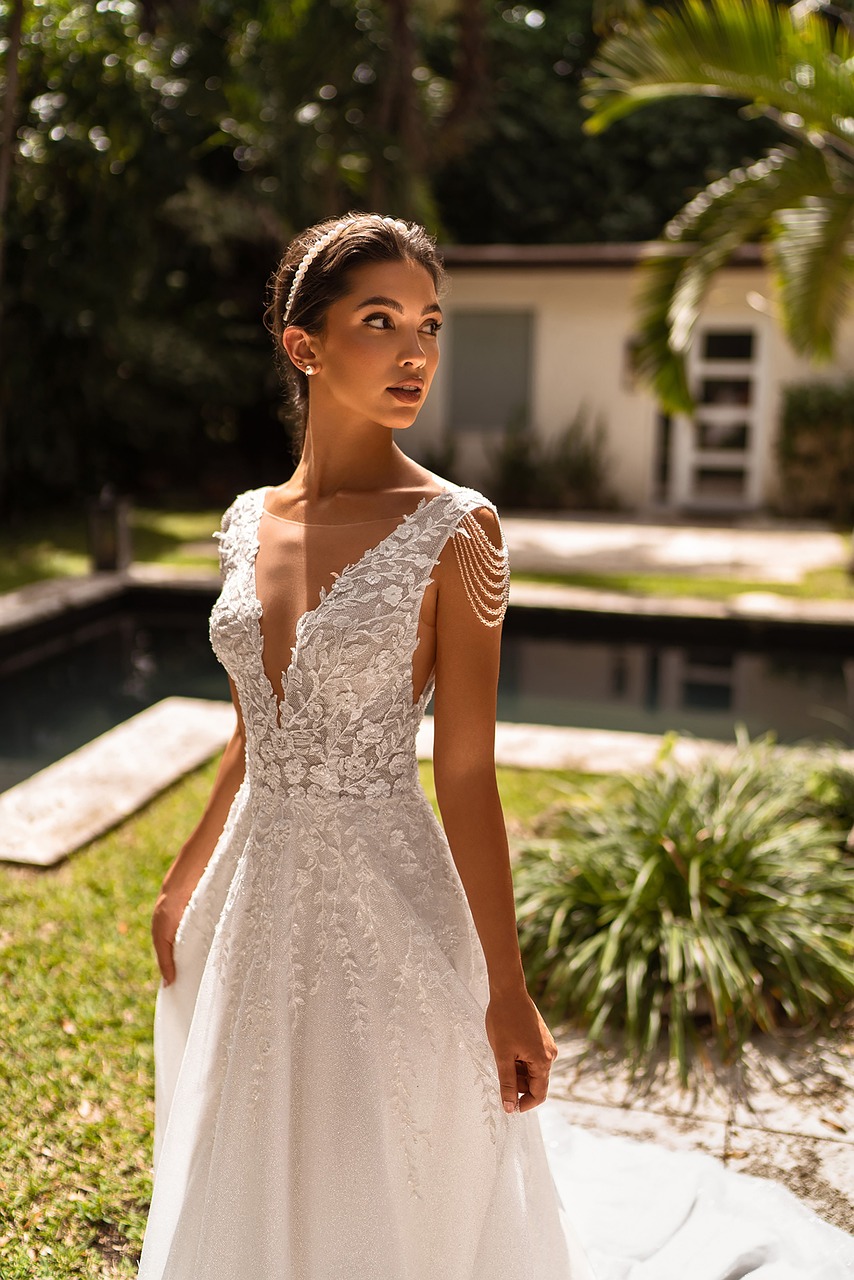 a bride on an A-line wedding dress with V-neckline