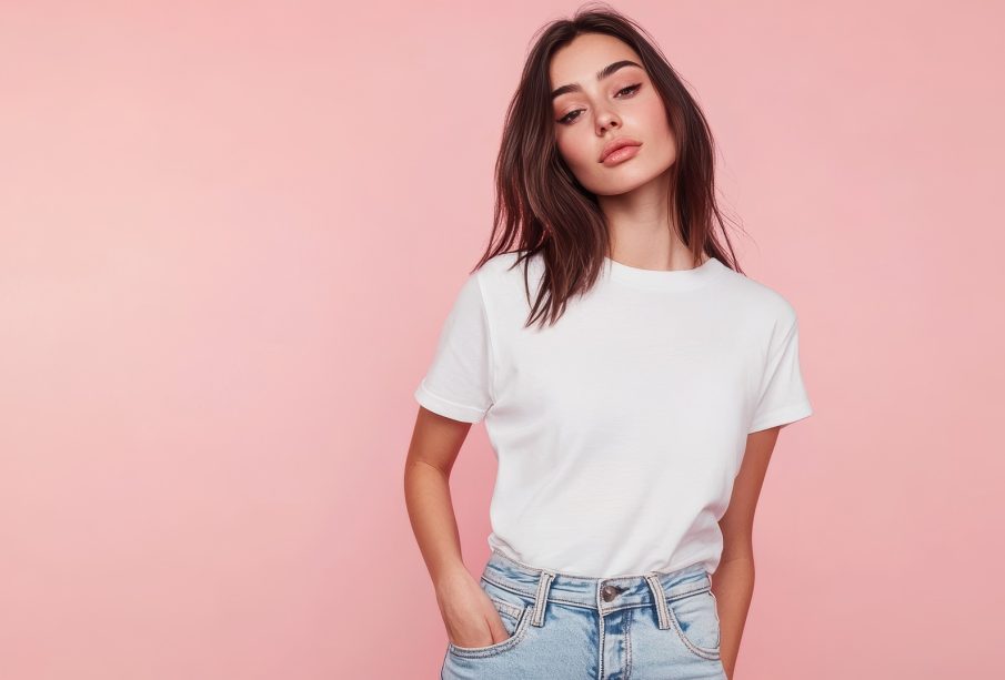 A model on a white shirt and jean trouser